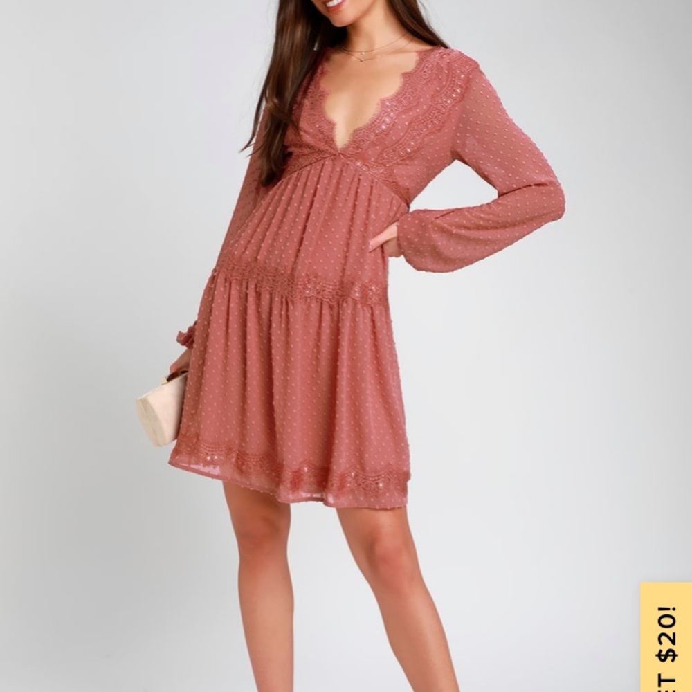 Wistful Moment Rusty Rose Swiss Dot Sleeve Dress